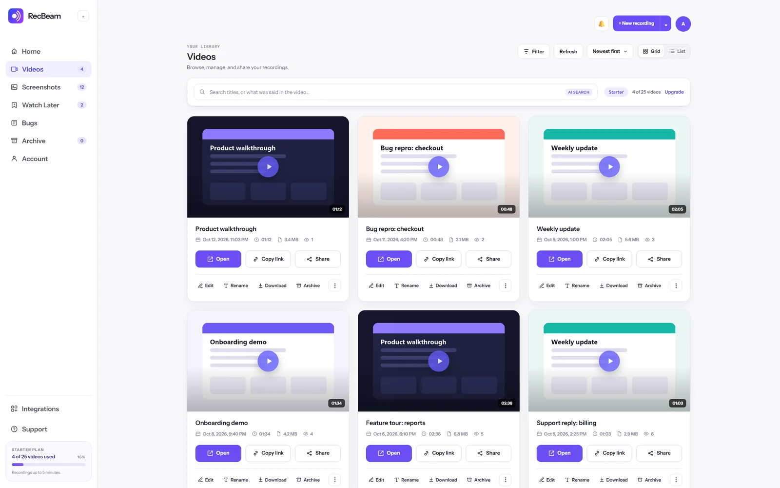 The RecBeam Videos library with search, filters and video cards