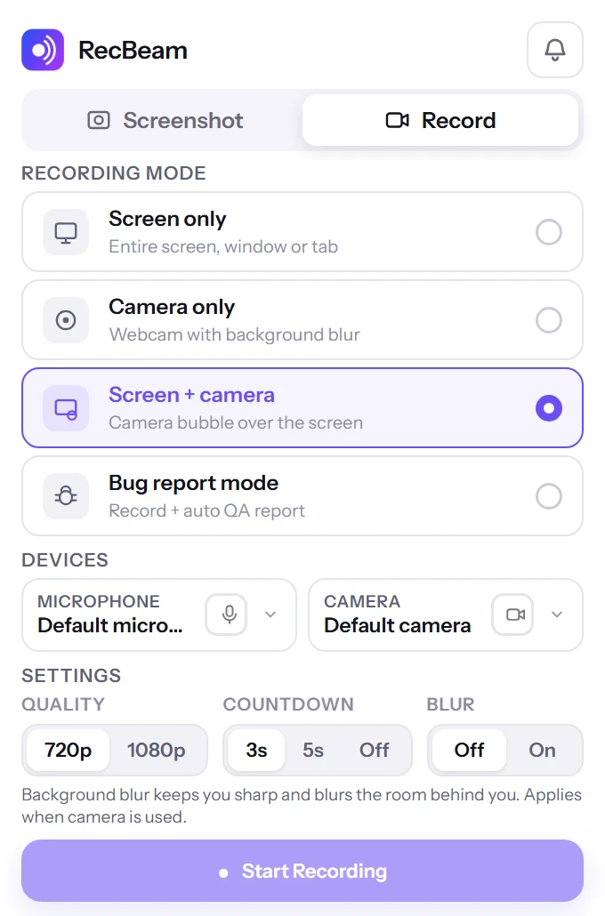 RecBeam recording panel with screen, camera and bug report modes